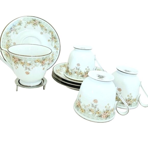 4 Noritake Spring Field Teacup Saucers delicate flowers vtg  Japan silver rim - Picture 1 of 5